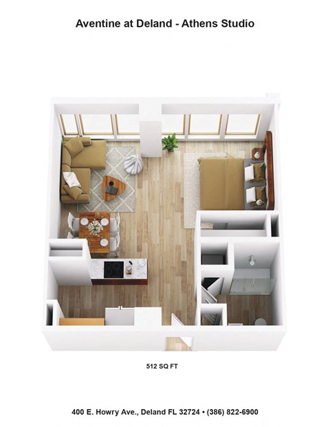 Floor plan for 1 bed, 1 bath, 512 sqft